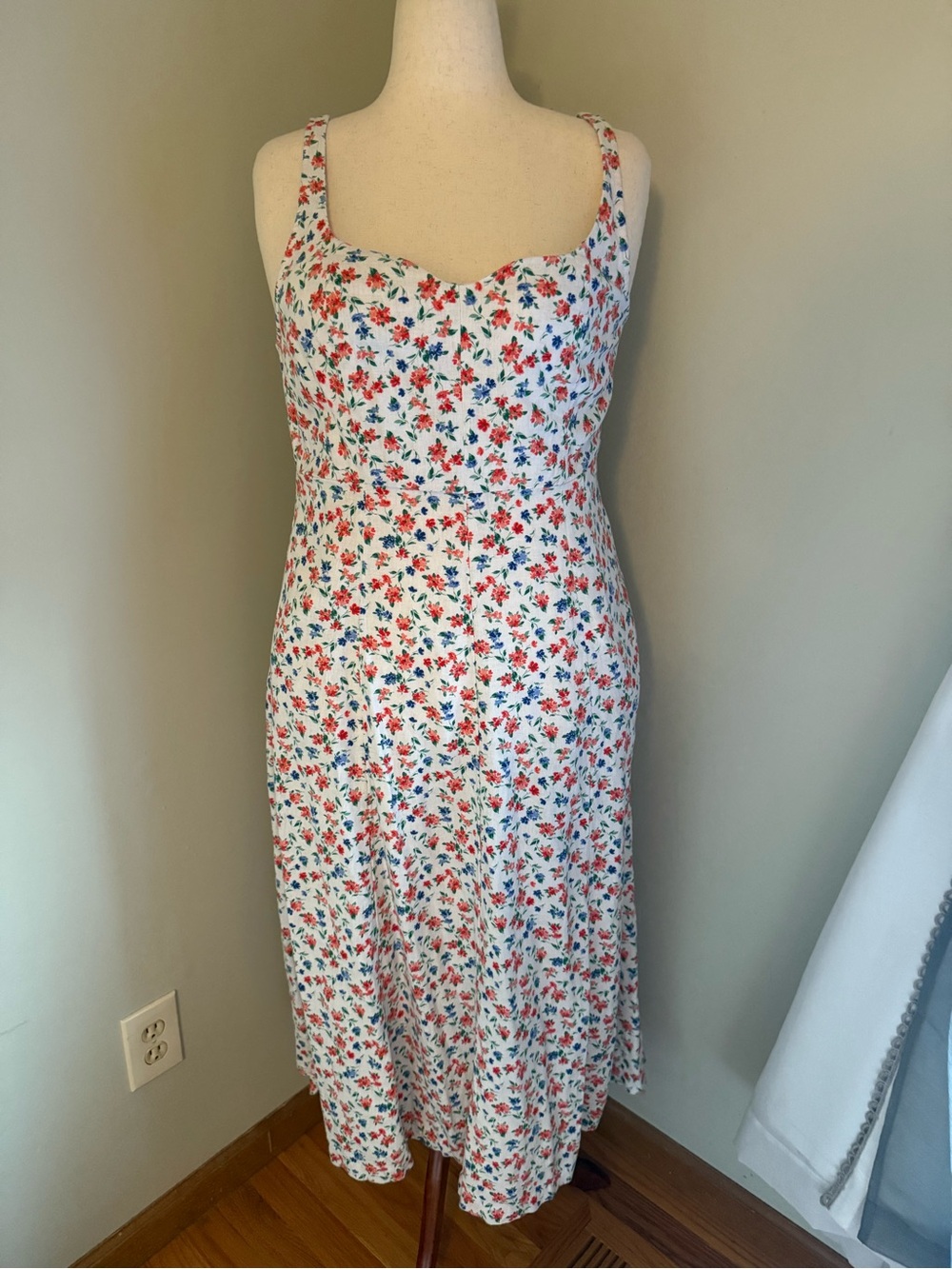 Floral Midi Sundress in White with Red & Blue Blooms